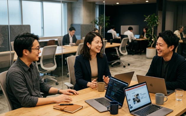 コワーキングスペースでAI実装について議論する日本人エンジニアチーム